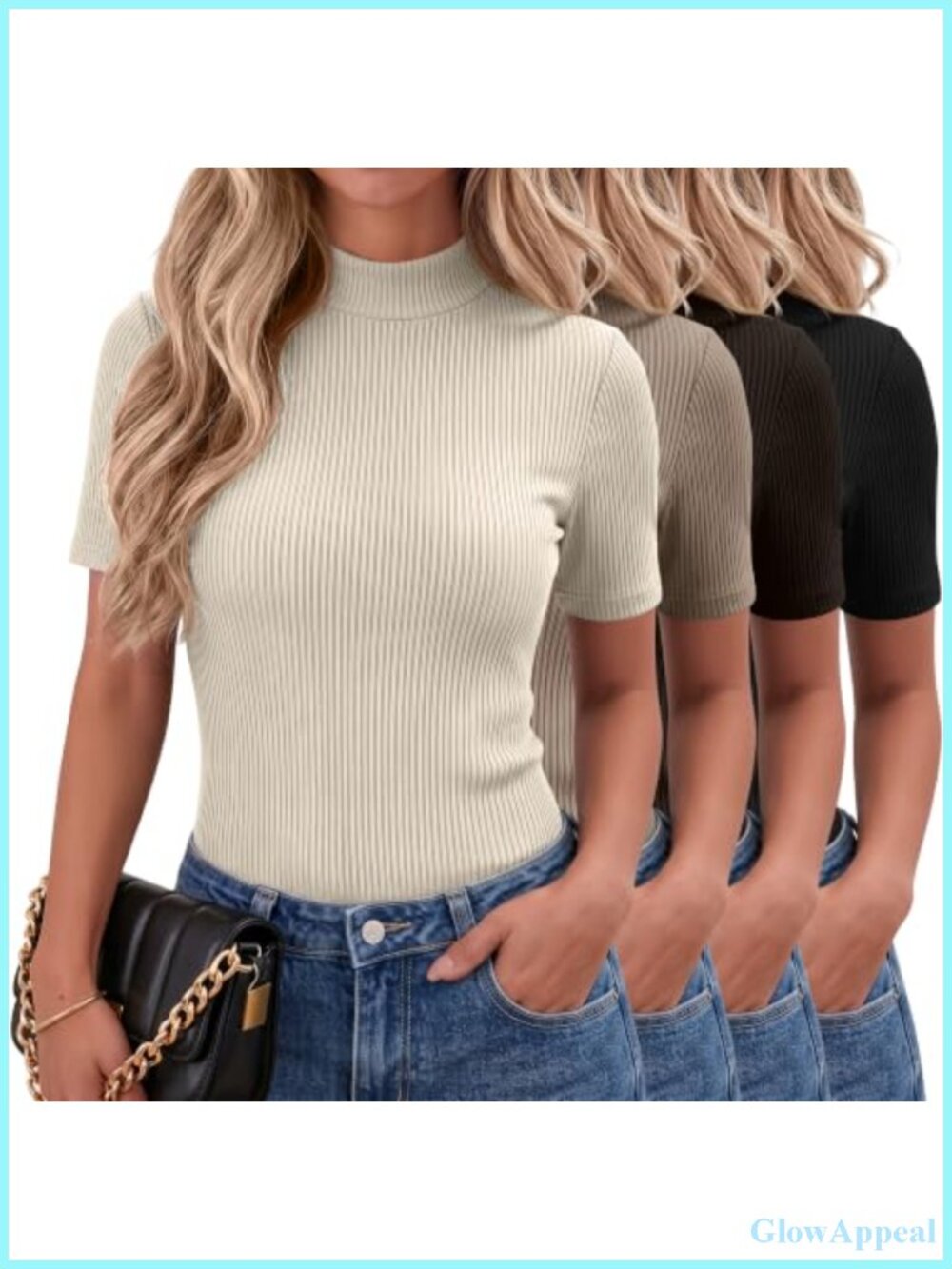 Women's Mock Neck Ribbed Knit Short Sleeve T-Shirts 4 Pack Slim Fit